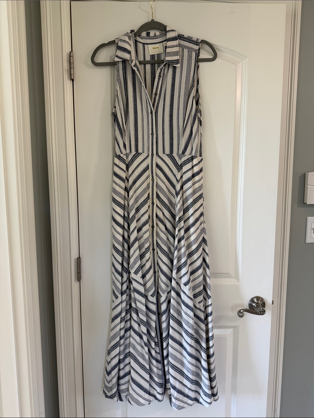 Maeve Navy and White Striped Sleeveless Collared Maxi